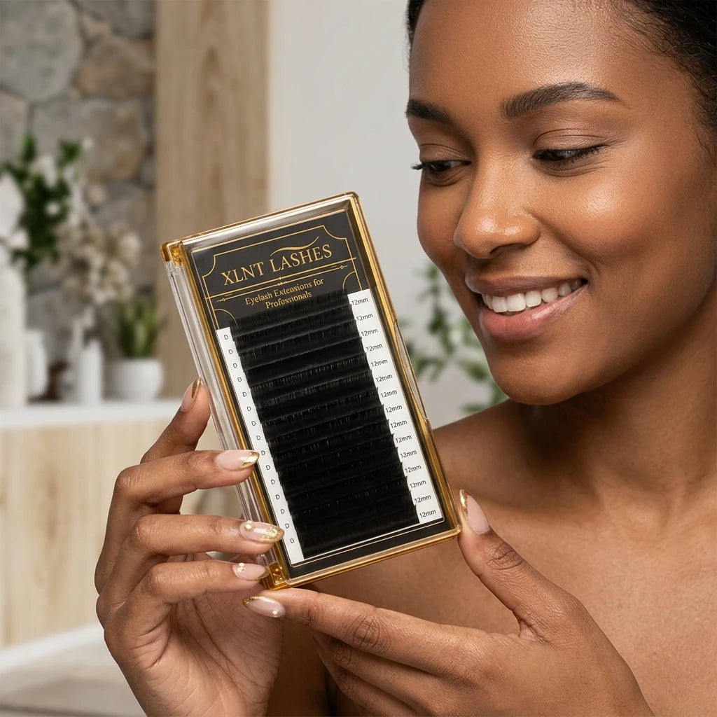 Modell med applicerade volymfransar 0,07 mm D-böj från XLNT LASHES – fyllig rysk volym