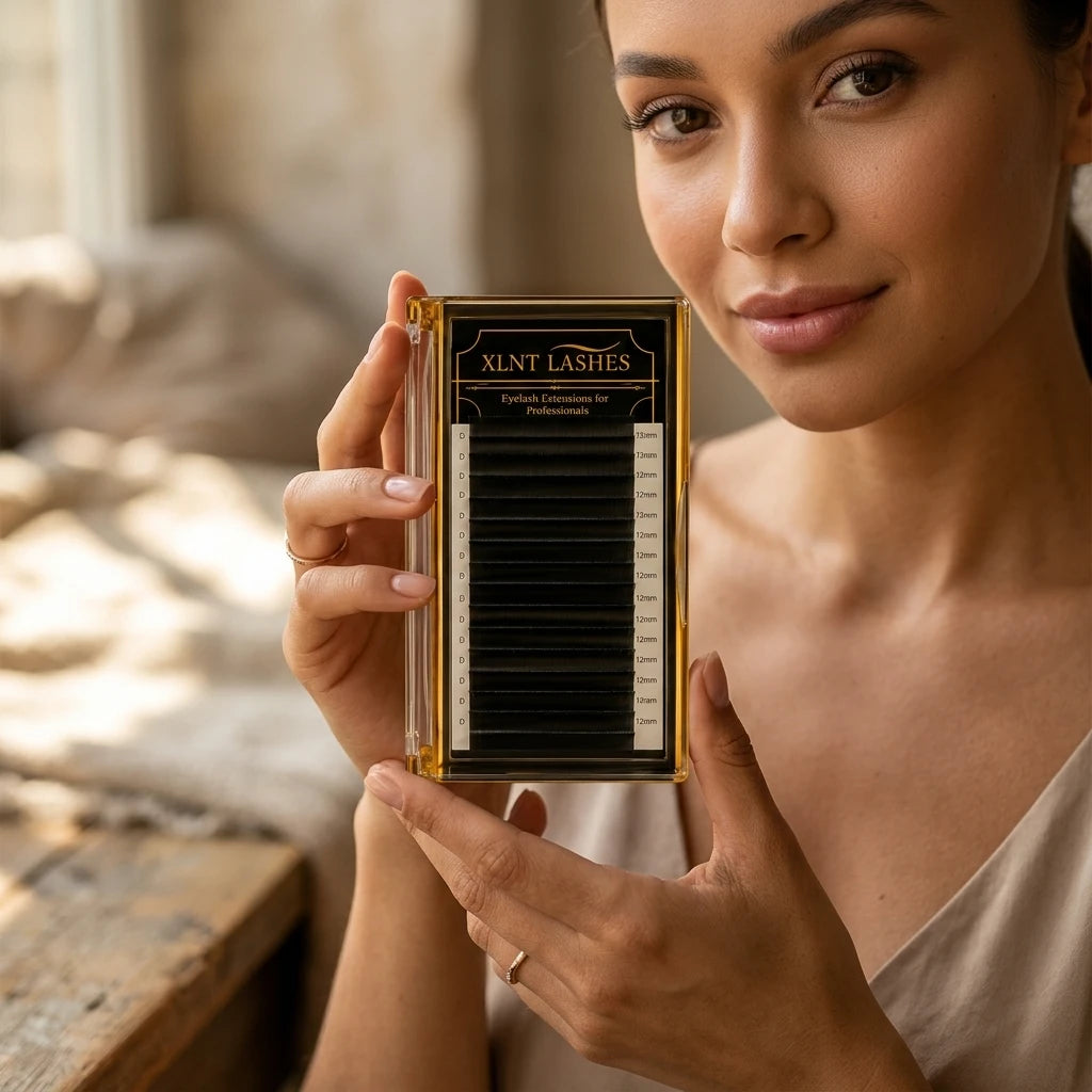 Modellbild volymfransar 0,07 mm D-böj applicerade av XLNT LASHES – dramatisk volymeffekt