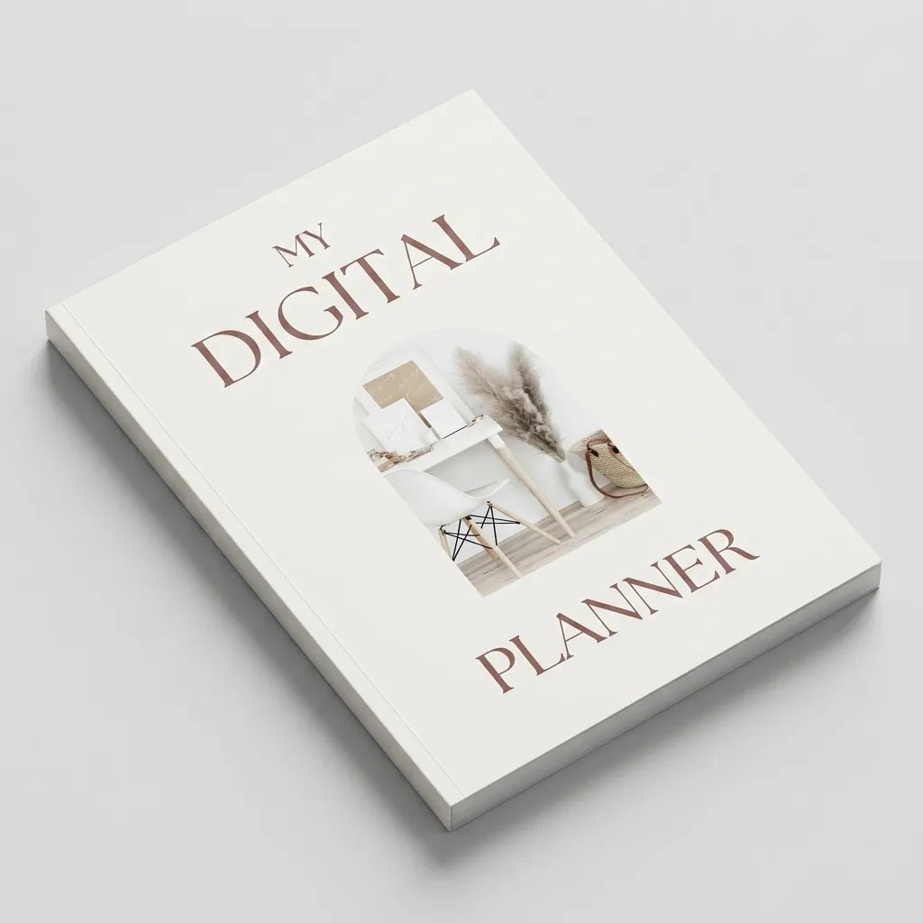 Isometrisk vy av My Digital Planner med vitt omslag, rosa text och stilren kontorsbild.