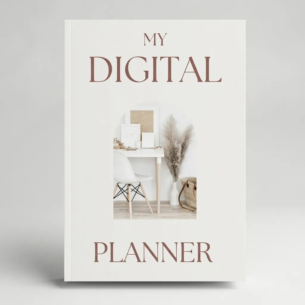 Beige bokomslag till Digital Planner med minimalistisk arbetshörna mot ljusgrå bakgrund.