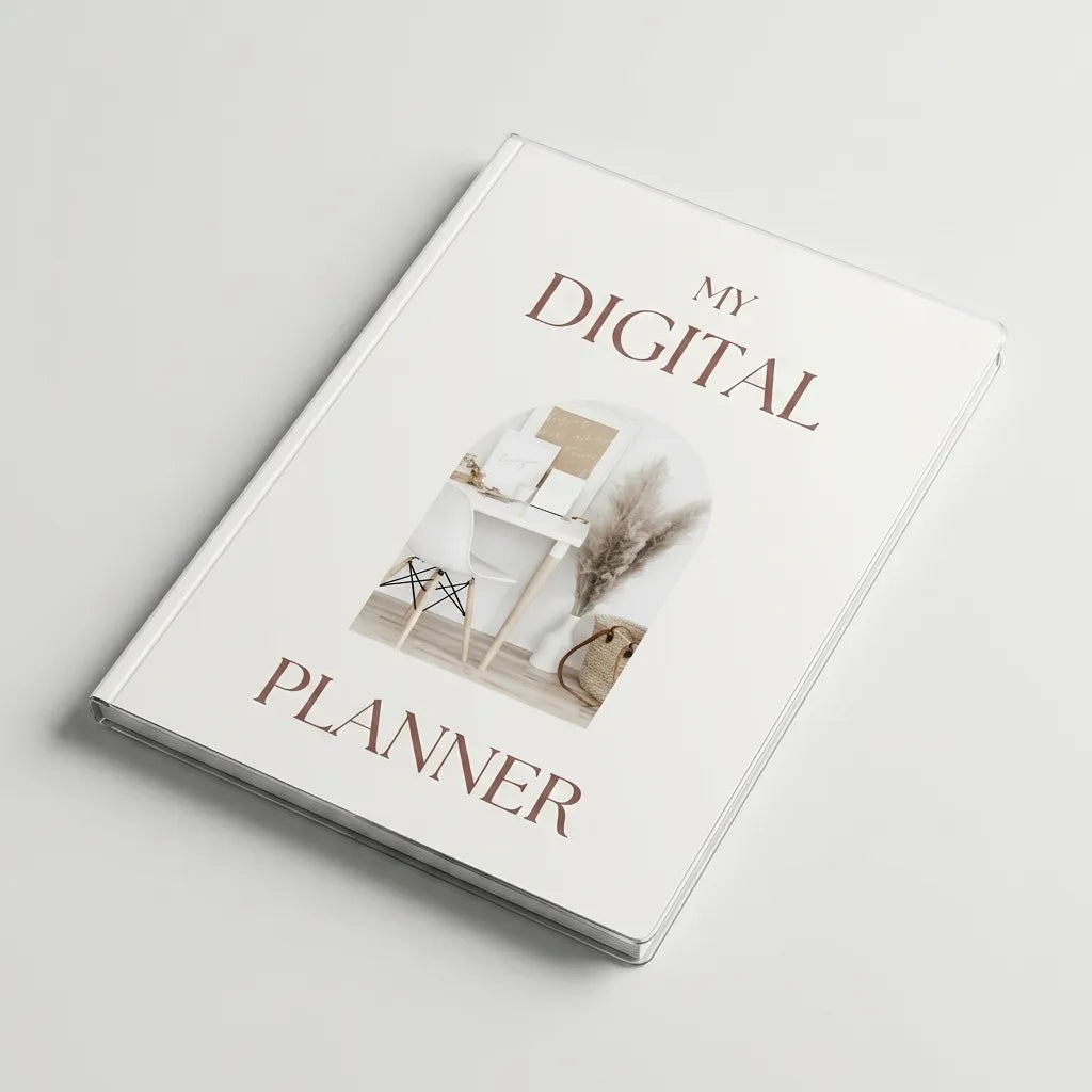 Ovanifrånvy av My Digital Planner i vitt med beige titel och minimalistiskt skrivbordsmotiv på omslaget.