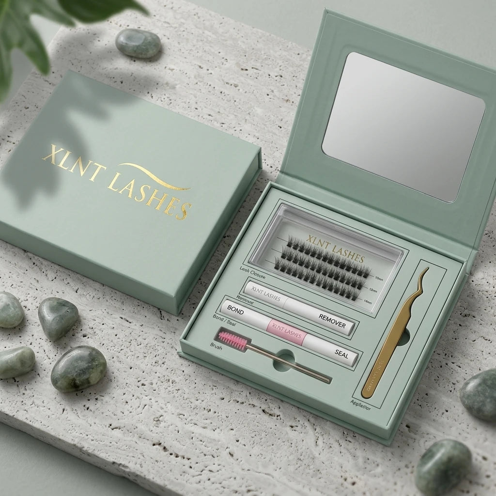 Easy Lashes D-böj DIY-kit med fransar, guldapplikator och lim i öppnad mintgrön ask med inbyggd spegel.