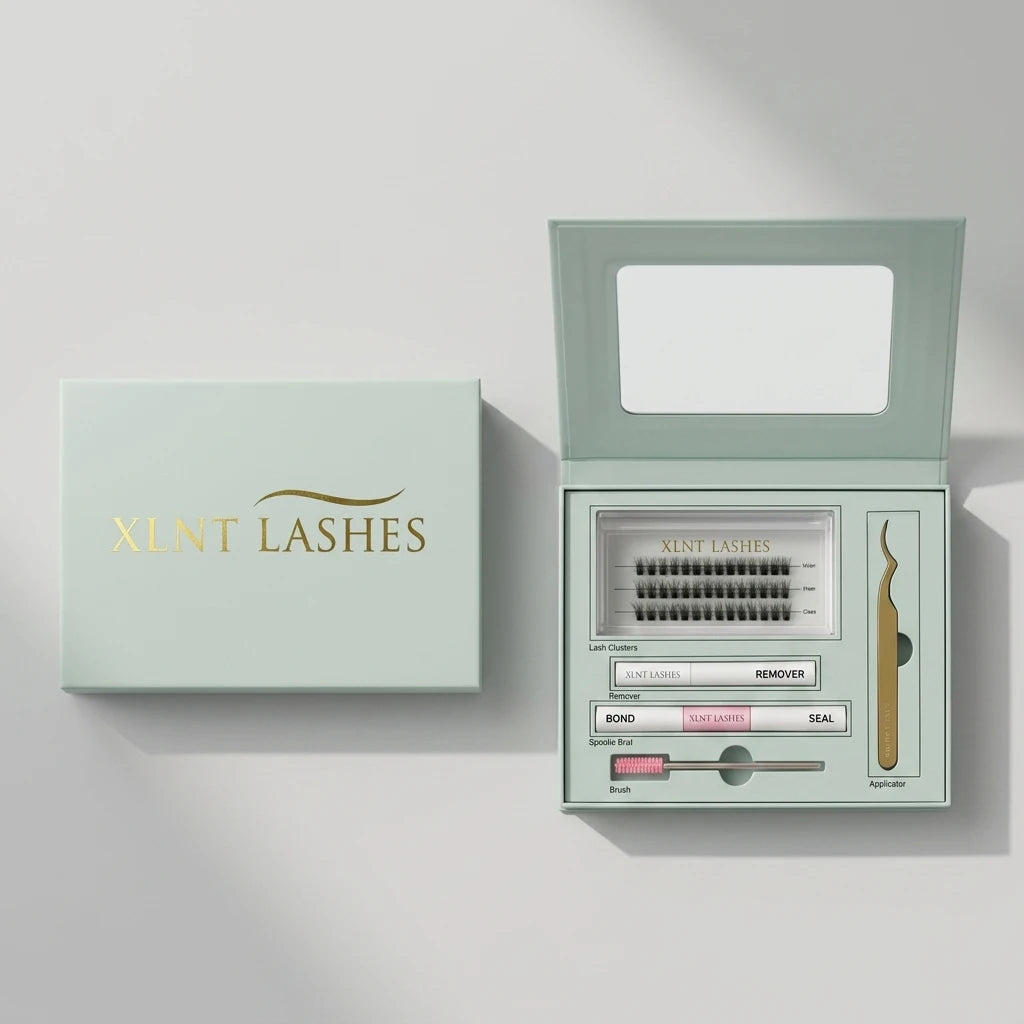 Öppnat Easy Lashes DIY-startkit med D-böj fransar, guldpincett och lim i ljusgrön ask mot ljus bakgrund.