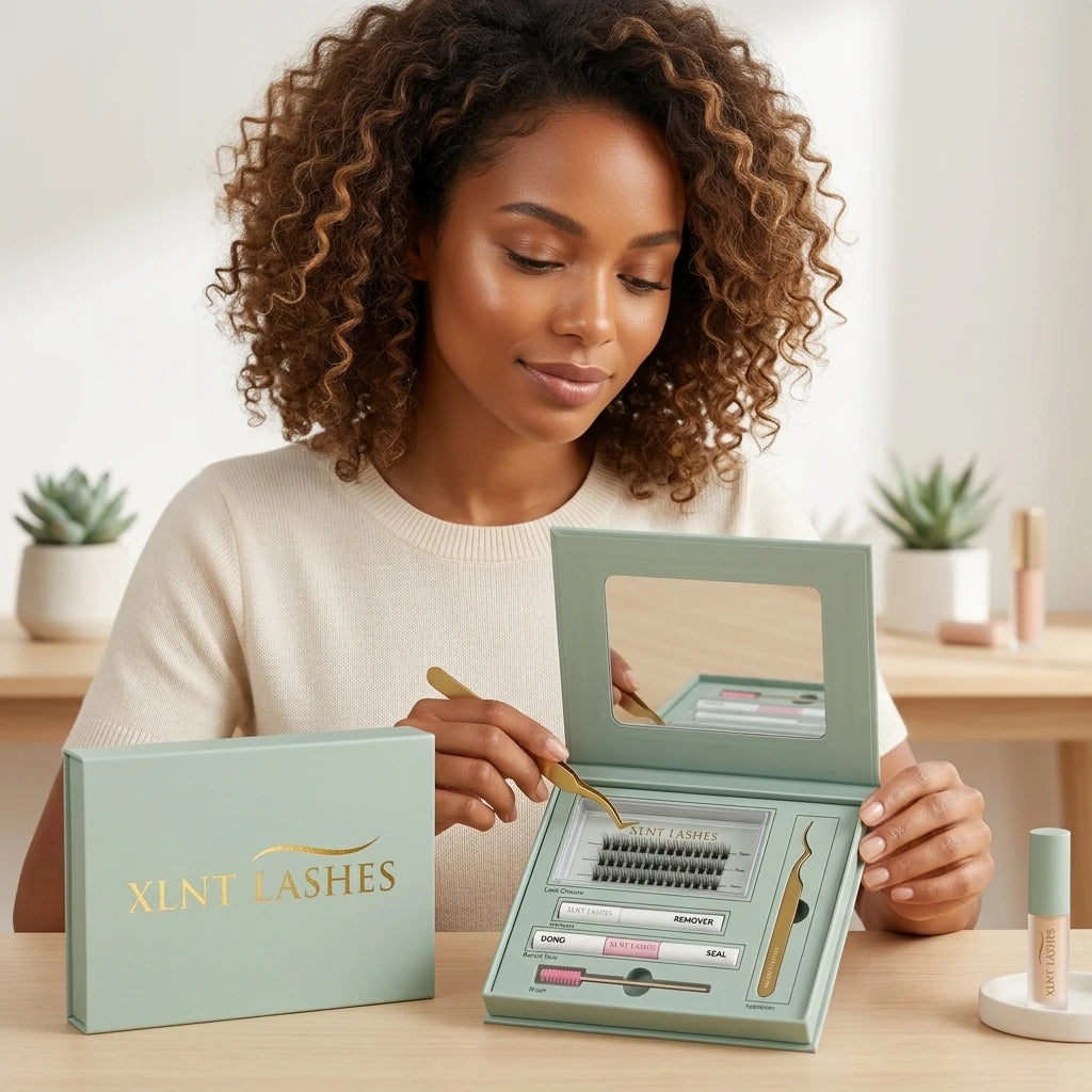 Kvinna vid träbord använder Easy Lashes DIY-startkit med guldpincett och ljusgrönt franskit med spegel.