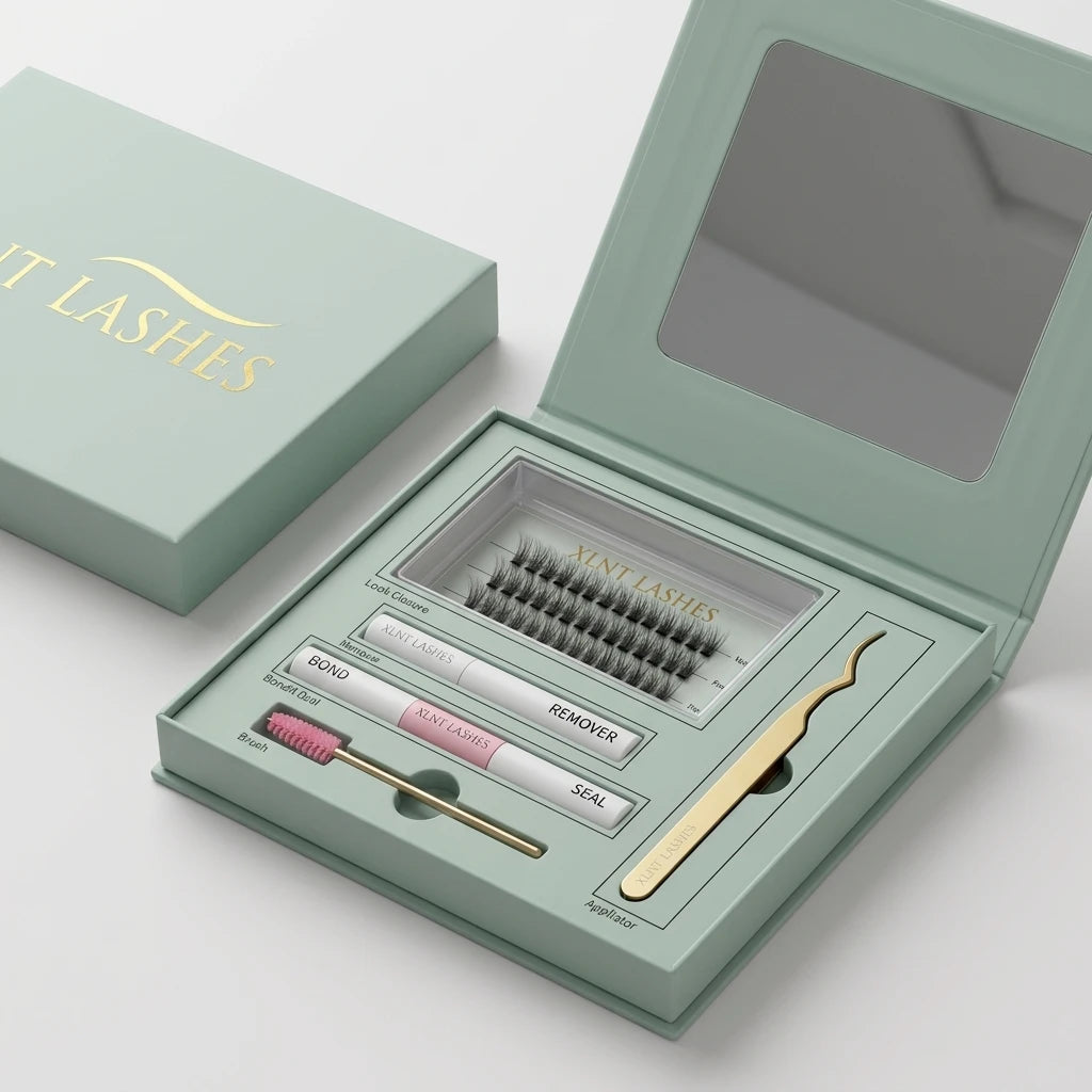 Easy Lashes startkit med D-böj fransar, guldapplikator, Bond & Seal, remover och borste i ljusgrön ask uppifrån.