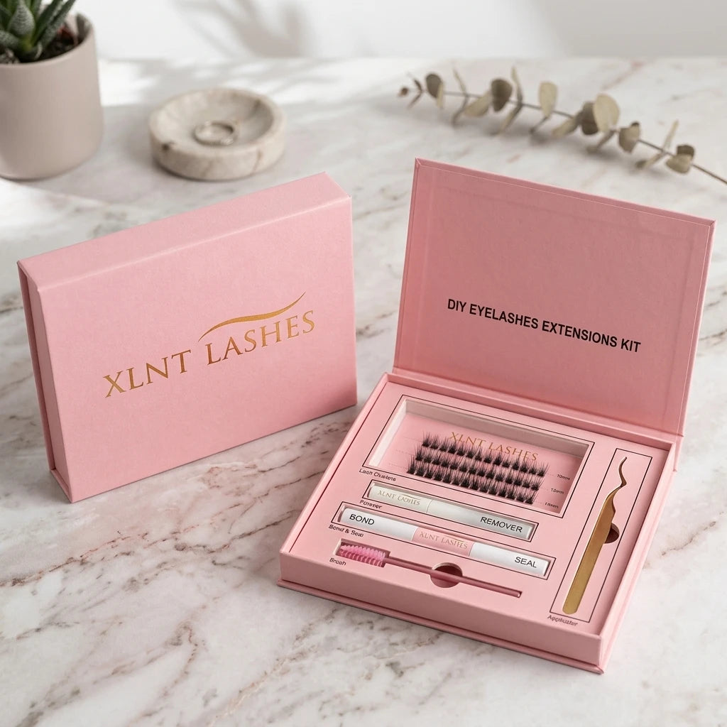 Easy Lashes startkit med fransar, lim och applikator på marmorbakgrund