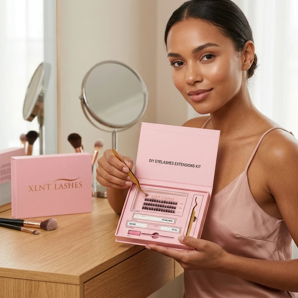 Kvinna applicerar DIY-fransar med pincett från Easy Lashes startkit vid sminkbord