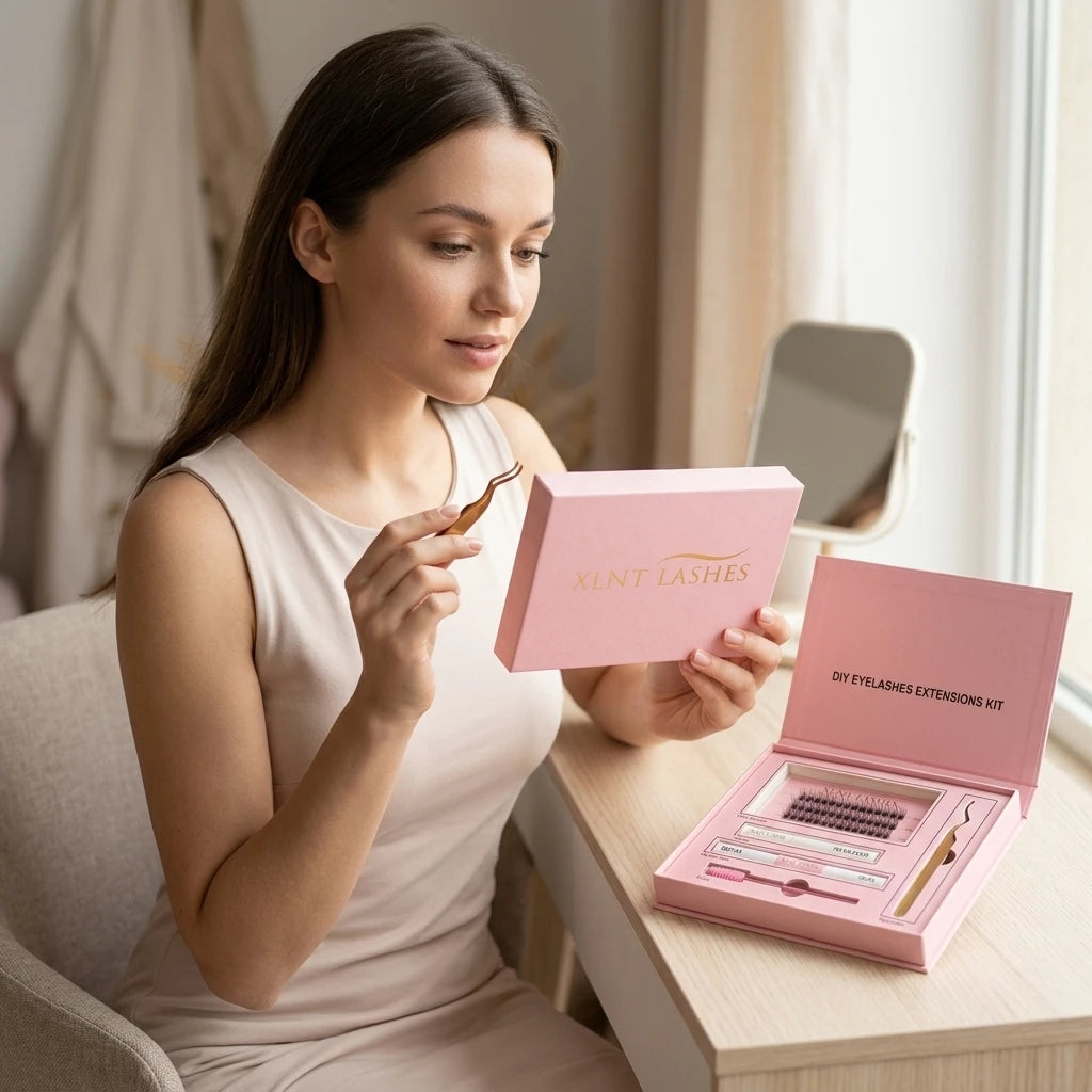 Kvinna med påsatta fransar bredvid öppet Easy Lashes DIY-kit i rosa förpackning