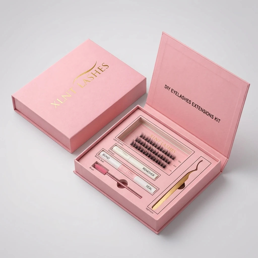 Öppet rosa kit med lösfransar, guldapplikator och Bond & Seal lim