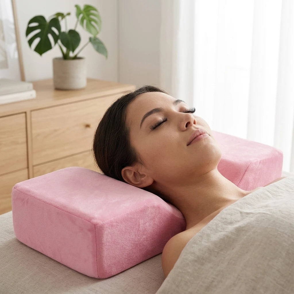 Kvinna vilar på en ergonomisk Franskudde Rosa i mjukt sammetstyg under en fransförlängning.