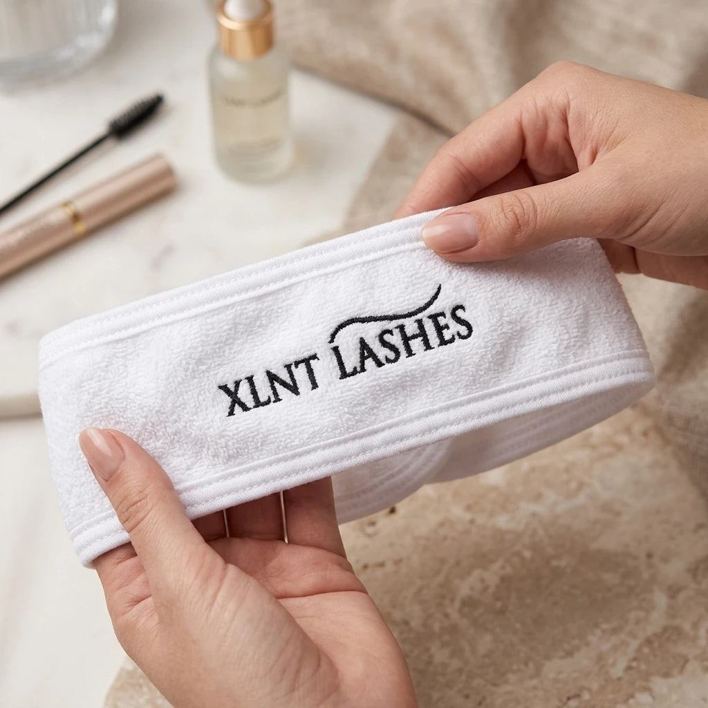 Händer håller ett vitt XLNT Lashes microfiber-hårband i frotté mot ljus spabakgrund.