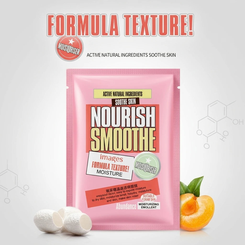 Hyaluronic Face Mask 5-pack – förpackning med silkeskokonger och aprikos som ingredienssymboler