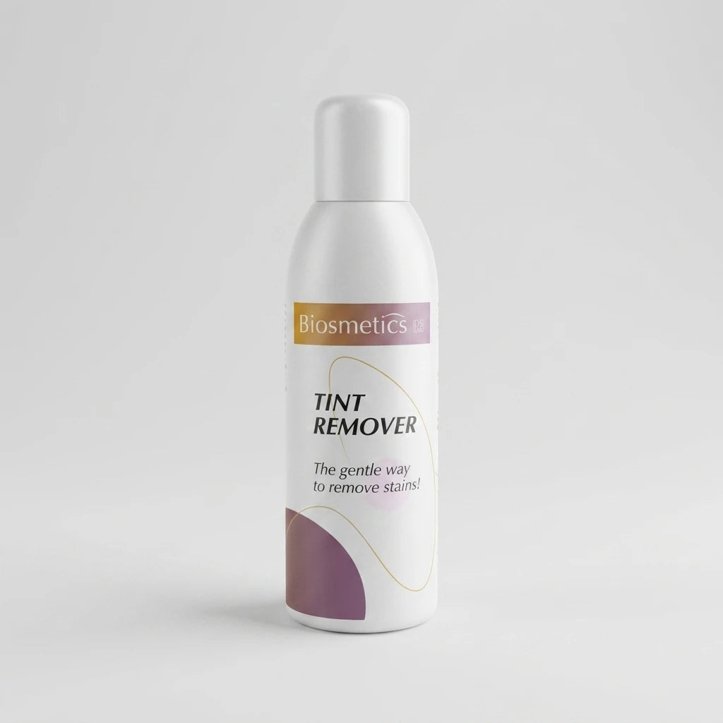BIOSMETICS Intensive Tint Remover 90ml – vit flaska med lila detaljer, framifrån mot ljusgrå bakgrund.