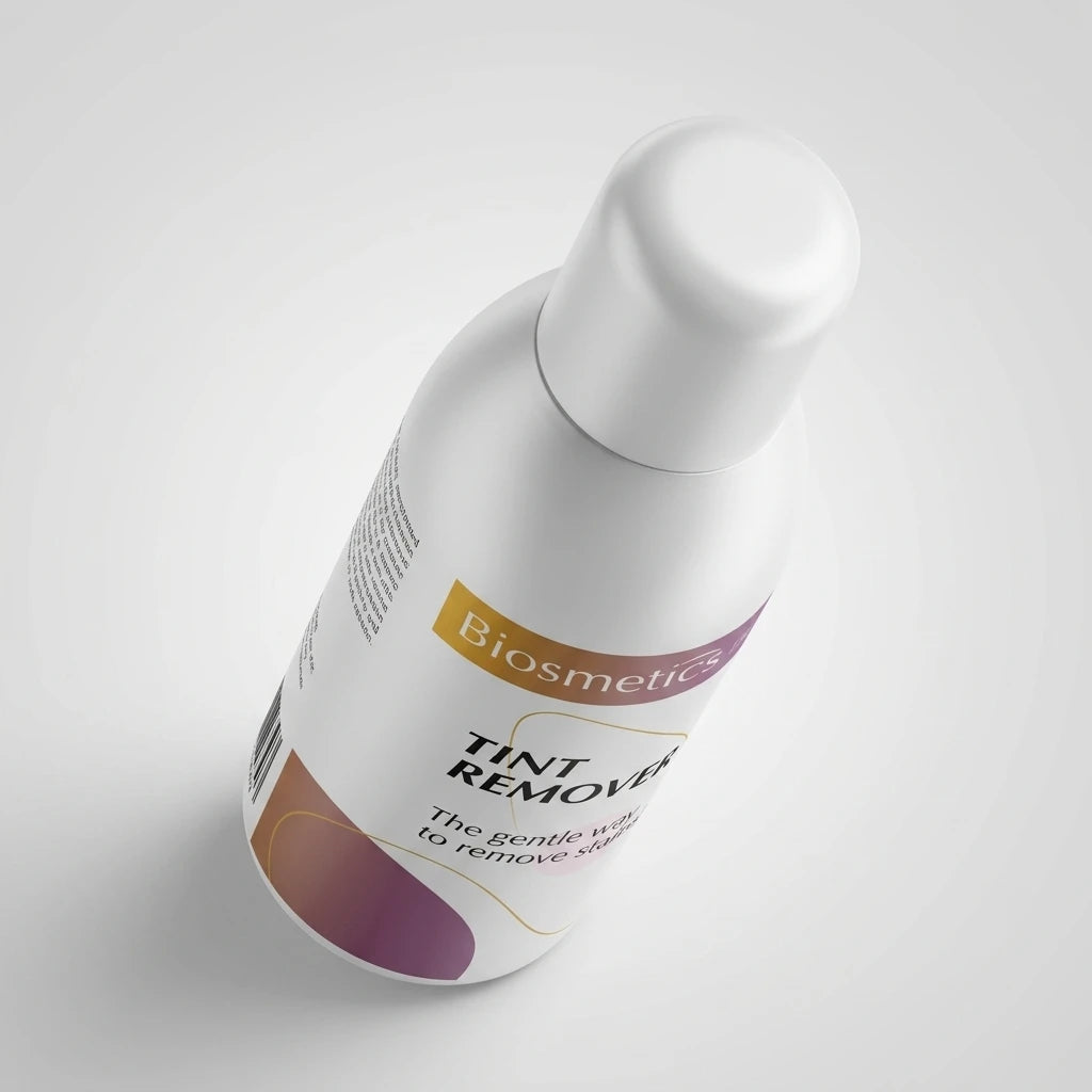 BIOSMETICS Intensive Tint Remover 90ml uppifrån – vitt lock med lila och gula detaljer mot ljusgrå bakgrund.