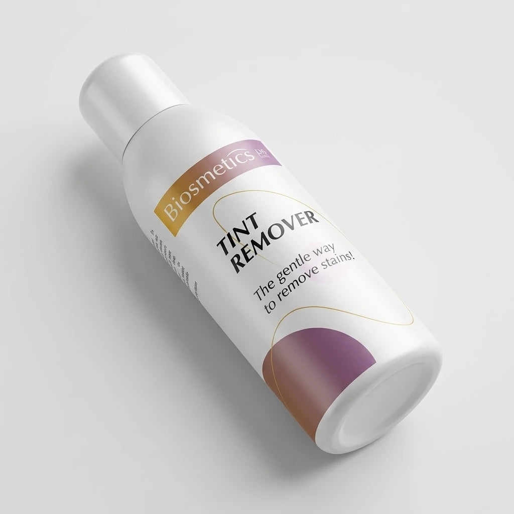 BIOSMETICS Intensive Tint Remover 90ml liggande diagonalt – vit flaska med lila och guldfärgade detaljer.
