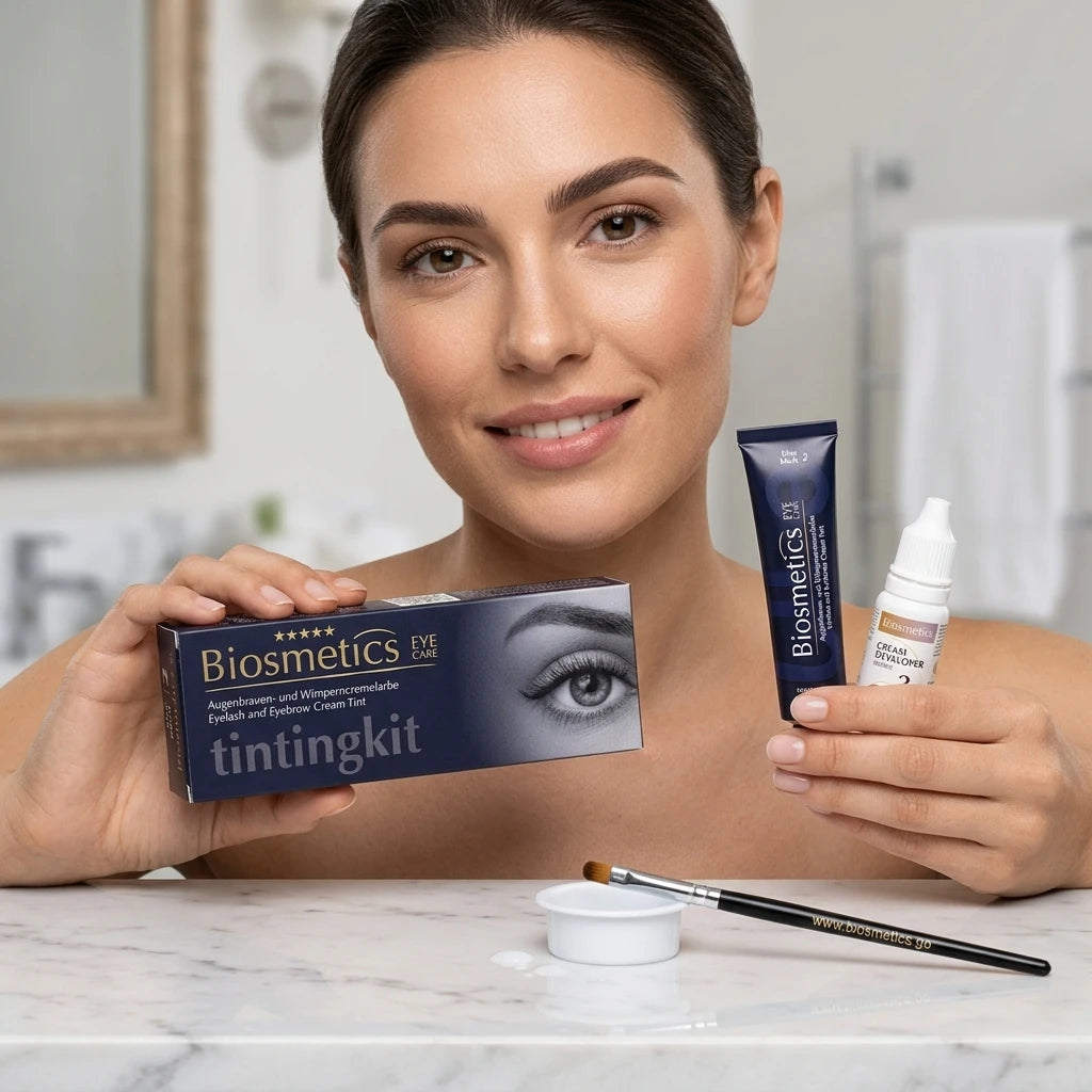Kvinna håller Intensive Tinting Kit Mini Blue Black No. 2 med hela kitets innehåll på vit marmor.