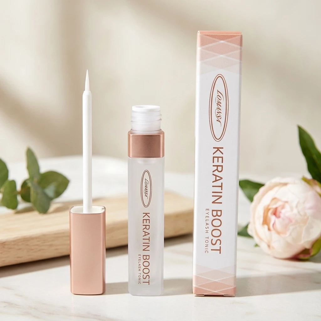 Lomansa Keratin Boost Serum i frostad flaska med roséguldlock, vit kartong och applikatorpensel på ljus yta.