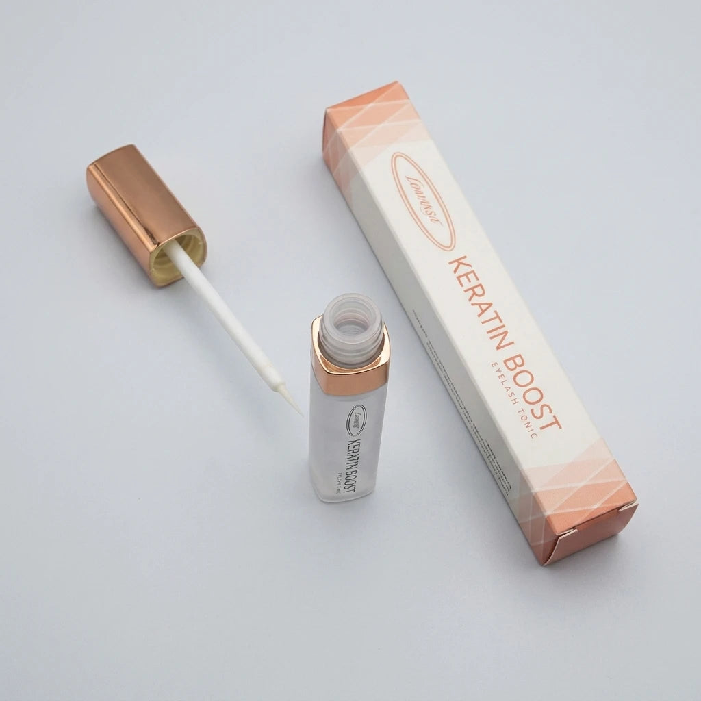 Lomansa Keratin Boost Serum 5,5 ml – öppnad flaska med applikatorpensel och roséguldsdetaljer.