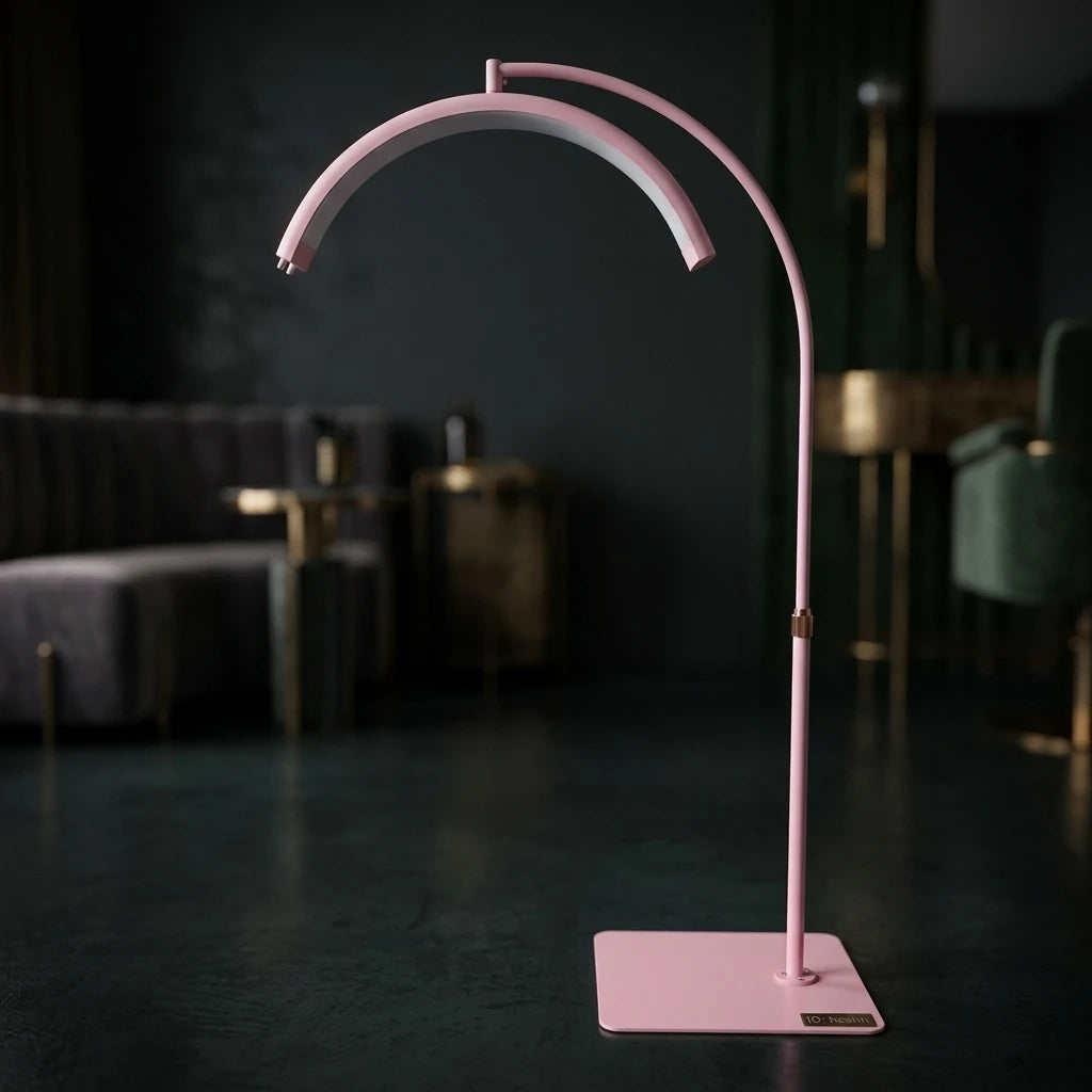 Rosa LED Moon Light halvmånelampa på kvadratisk fot i elegant, mörk salonsmiljö