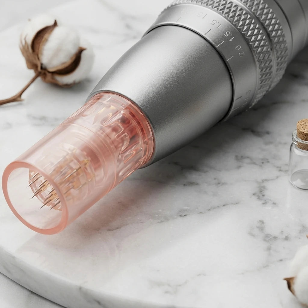 Silverfärgad microneedling pen med genomskinlig rosa nålkassett och fina engångsnålar på vit marmor.
