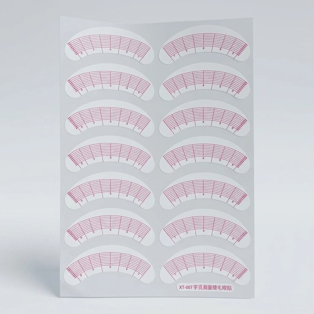 Vita Lash Mapping Sticker på ark med rosa mätlinjer och siffror för ögonfransförlängning mot ljus bakgrund.