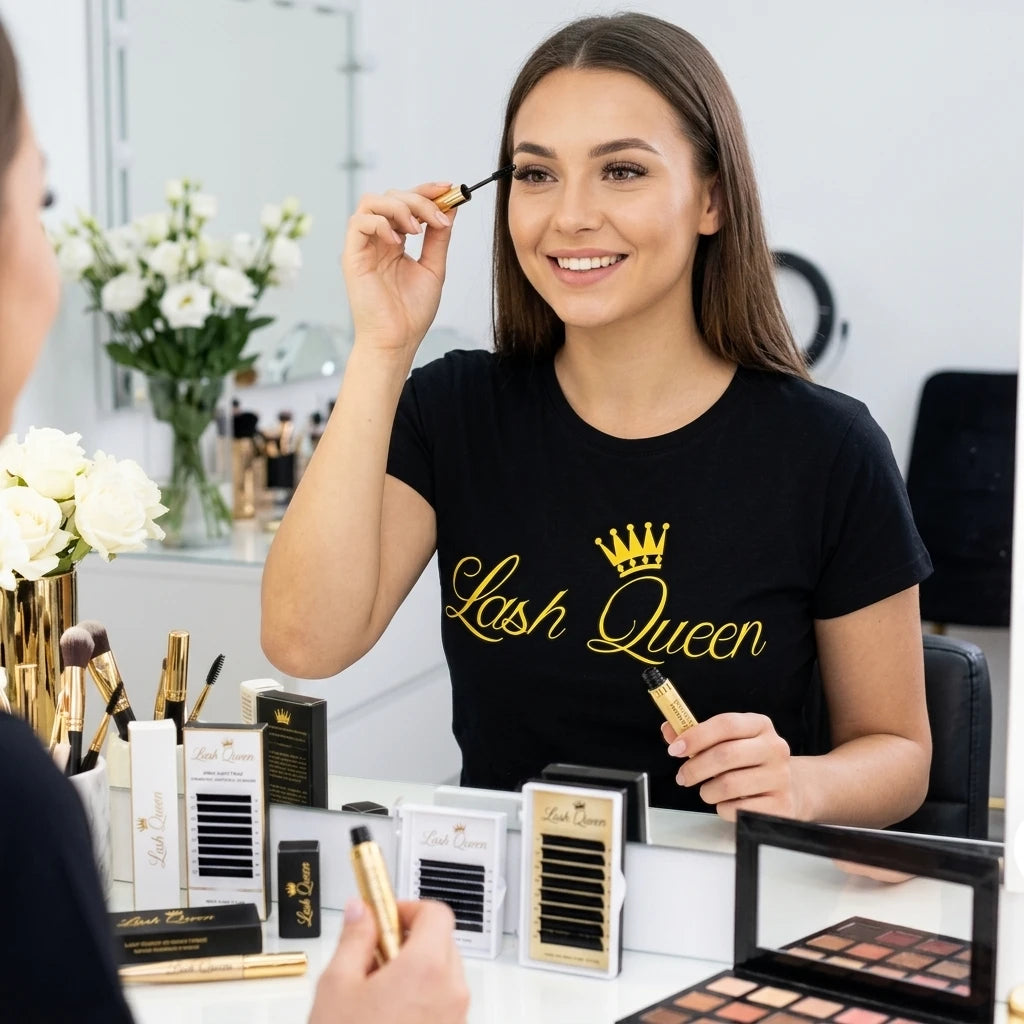 Lashstylist i svart Lash Queen T-Shirt applicerar fransar vid sminkspegel i professionell salong.