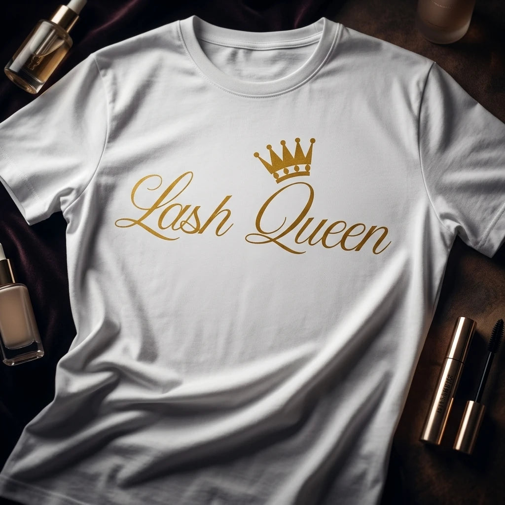 Vit Lash Queen-t-shirt med guldtryck och krona stylad tillsammans med skönhetsprodukter mot mörk bakgrund.