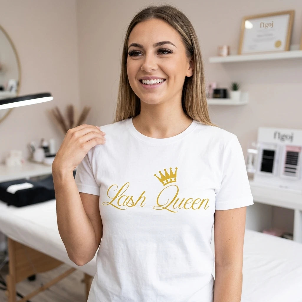 Leende stylist i skönhetssalong bär vit Lash Queen T-shirt med guldtryck av text och en krona på bröstet.