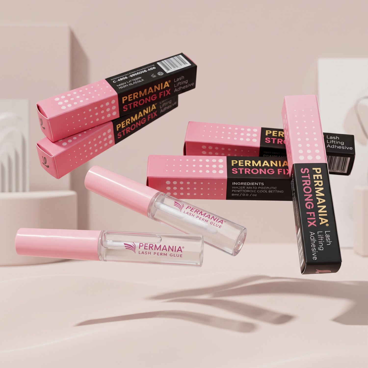 Närbild på Strong Fix Permania lash lift lim applicerat på spolremsa under behandling.