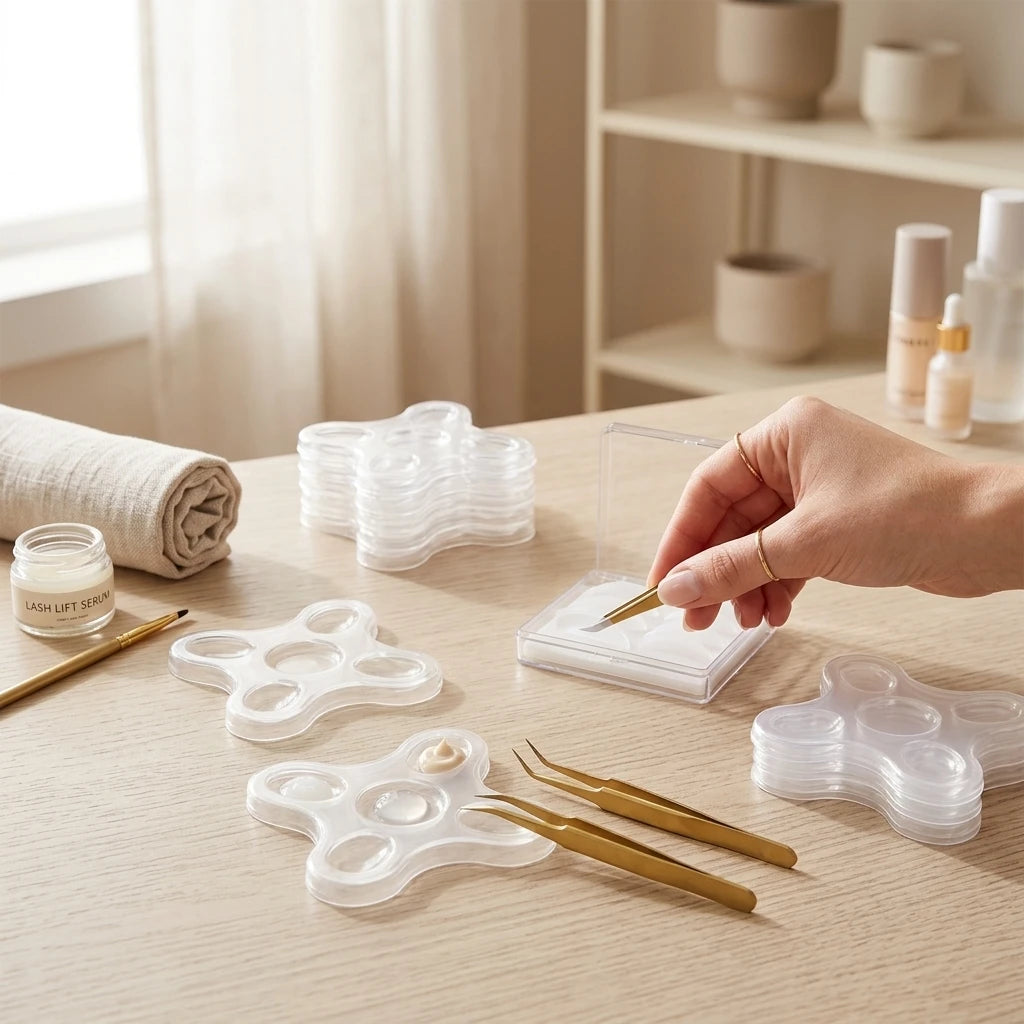 Transparent blomformad limhållare i plast för fransförlängning på ljust träbord med guldpincett.