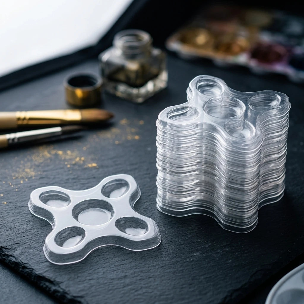 Transparent limhållare i plast med fem runda fack bredvid en stapel på en mörk skifferplatta.