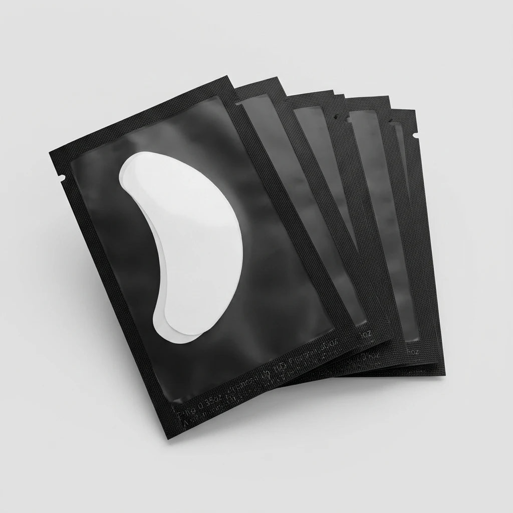 Vita halvmåneformade Lint Free Eyepads "Cresent" 50 pack i svarta, halvtransparenta påsar på ljusgrå bakgrund.