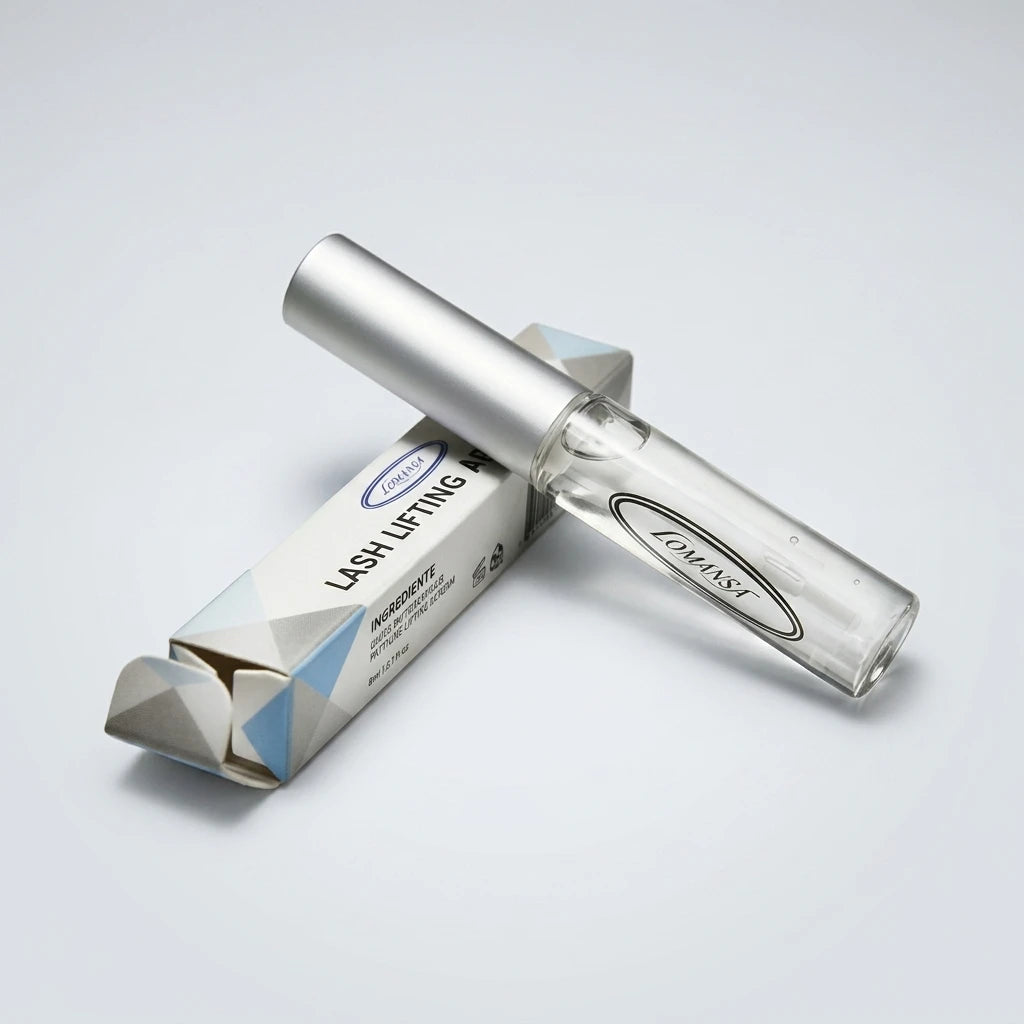Lomansa lash lifting adhesive clear glue tube with silver cap resting on its product packaging box.