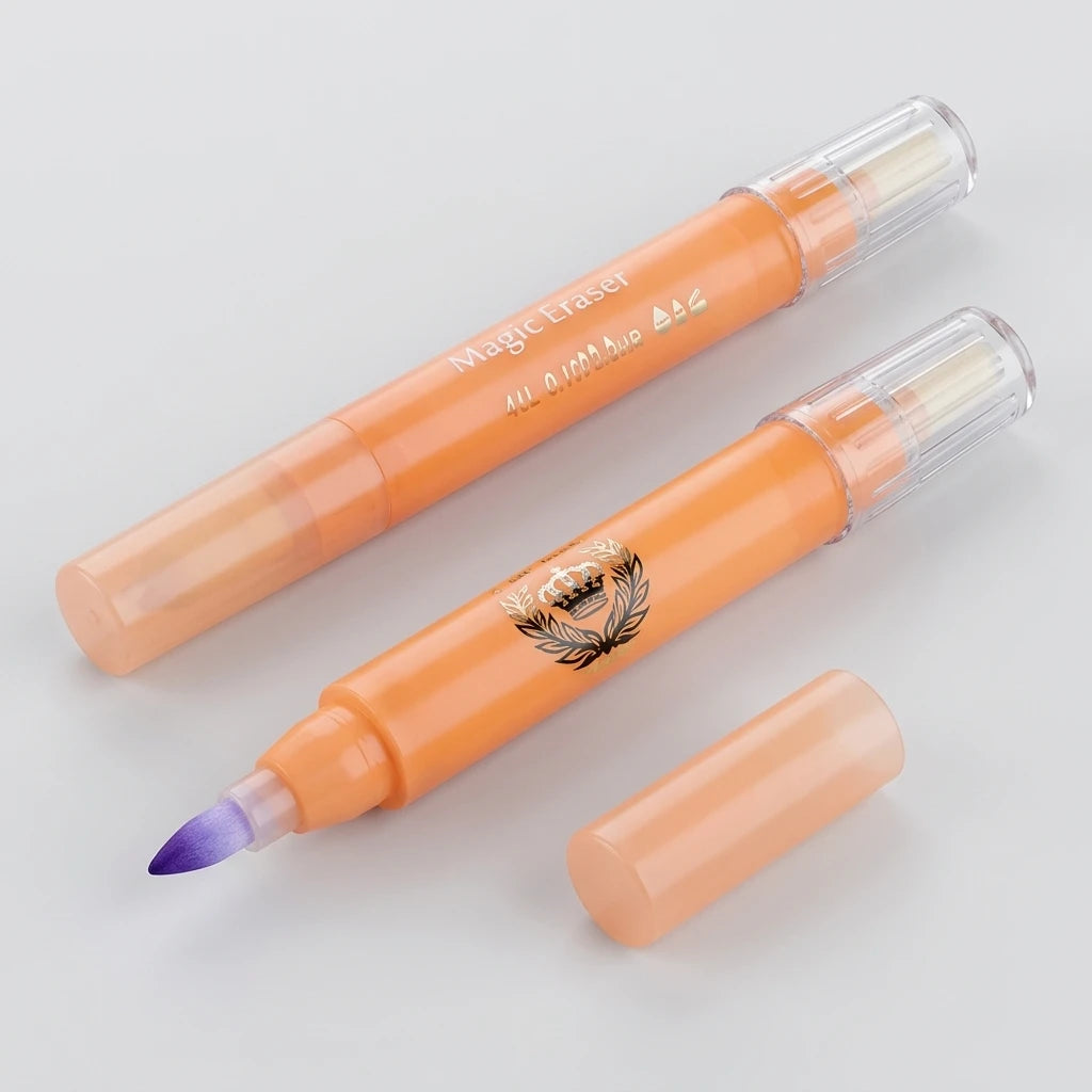 Magic Eraser skin marker remover – orange pennor med lila spets och guldemblem, isometrisk vy mot ljusgrå bakgrund.