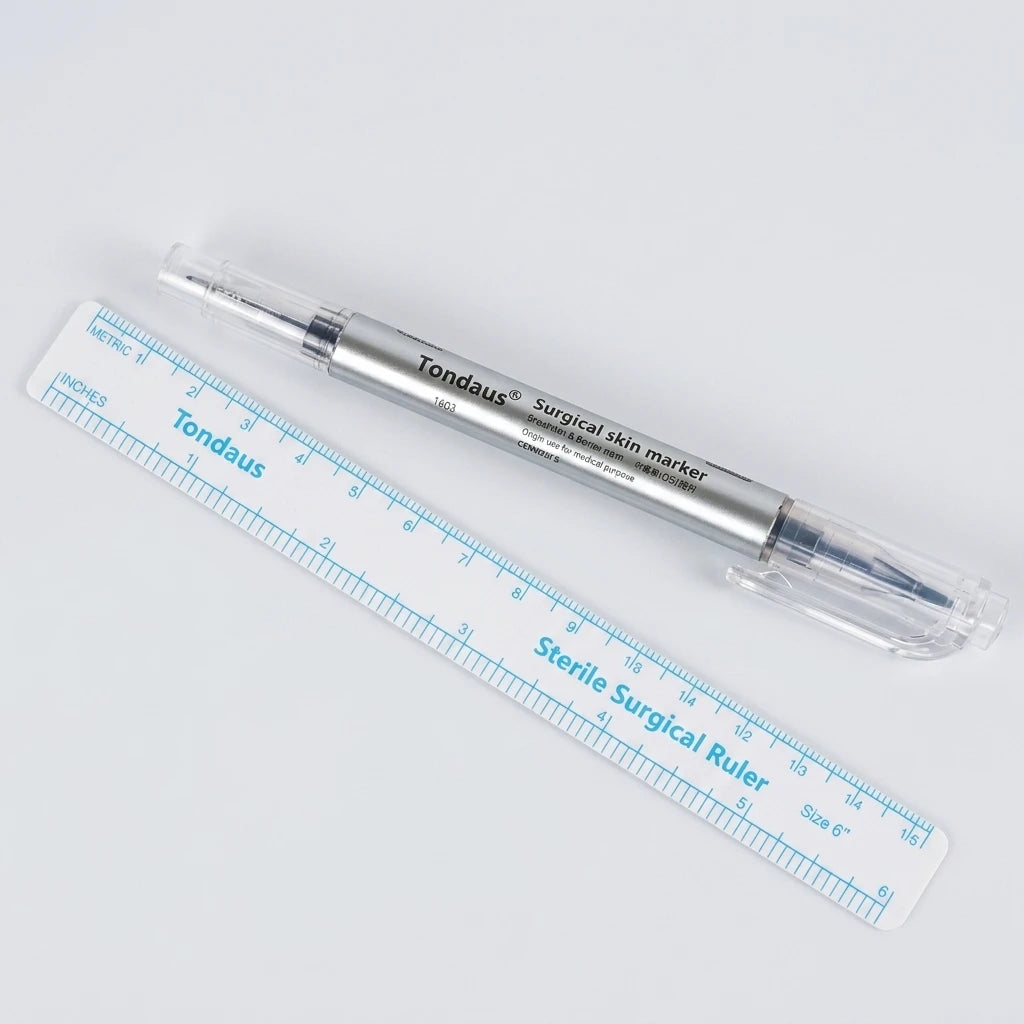 Tondaus Skin Marker Vit markeringspenna med smal spets och steril linjal på vit bakgrund