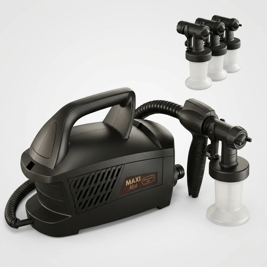 MaxiMist Evolution TNT spraytanmaskin i matt svart med slang, Twist N Tan-pistol och tre applikatorer, isometrisk vy.