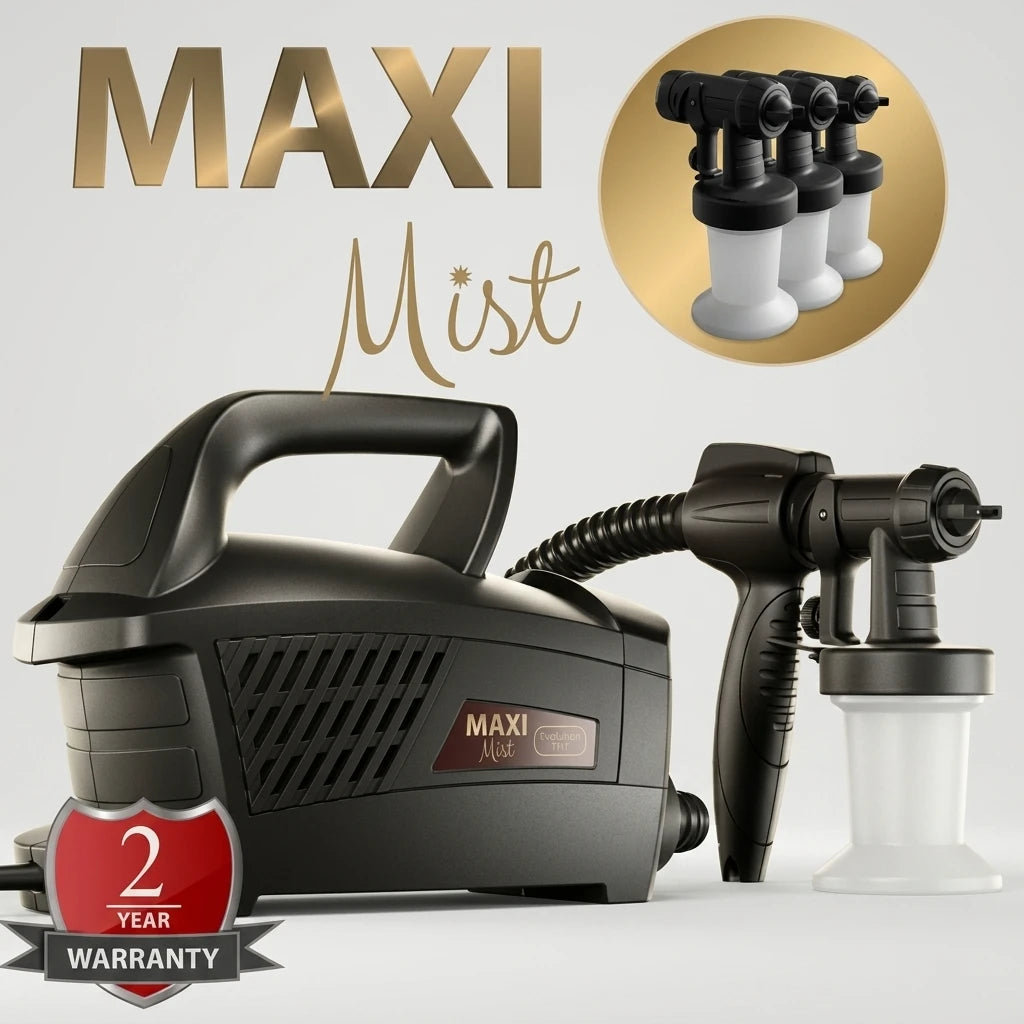MaxiMist Evolution TNT spraytanmaskin med spraypistol, slang och extra spraykoppar mot ljus bakgrund.