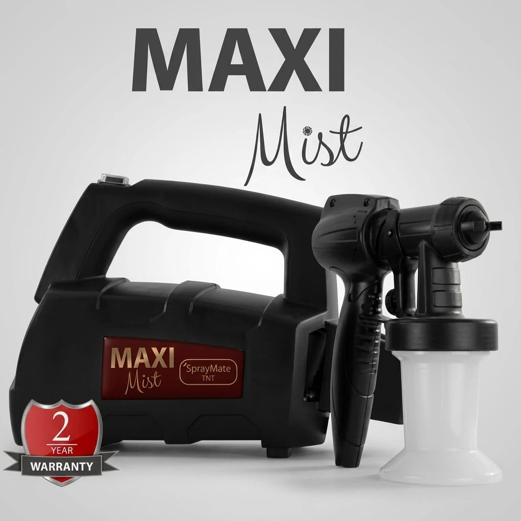 MaxiMist Spraymate TNT spraytanmaskin med pistol, vit behållare och rött garantimärke på ljusgrå bakgrund.