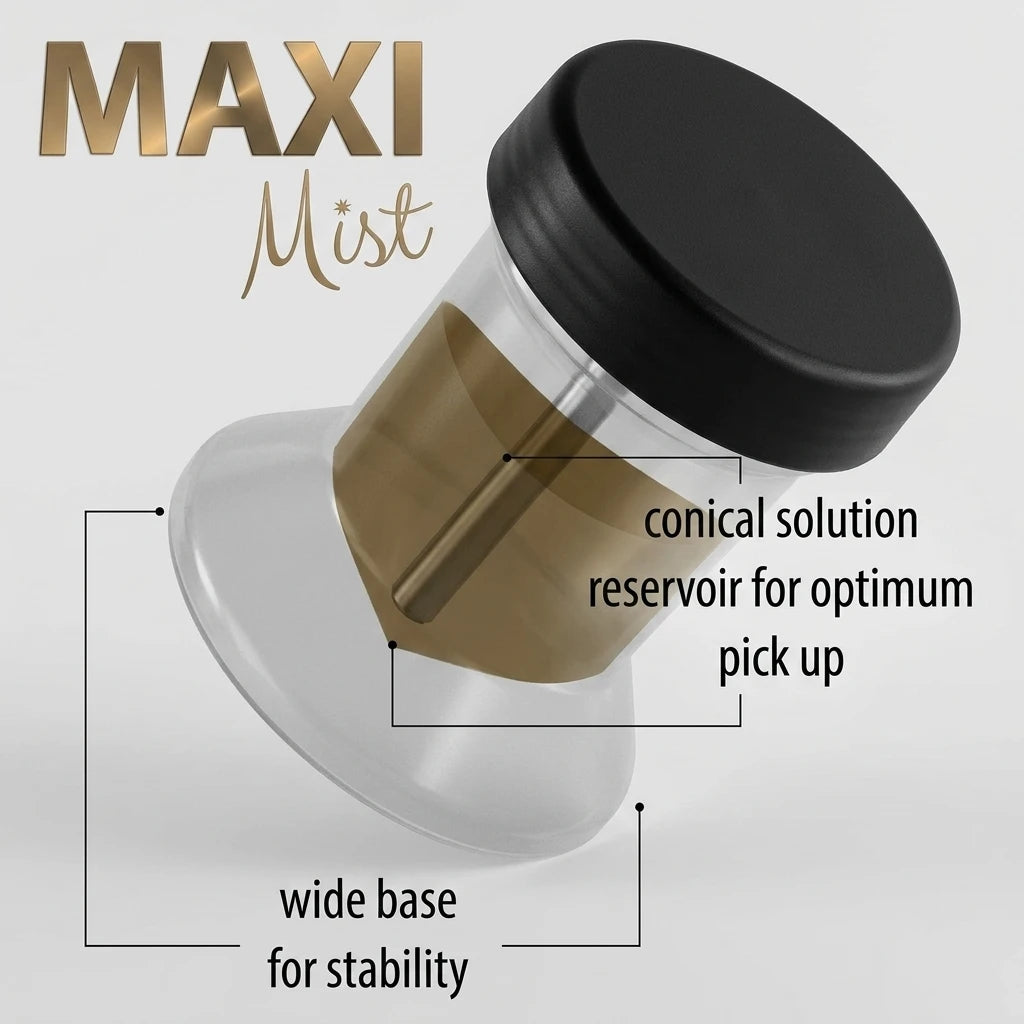 Genomskinlig Maximist extra Behållare i plast med svart lock, bred stabil bas och en konisk innerbotten.