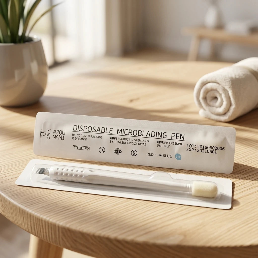 Microblading engångsskaft #U20 0,16 mm i öppnad förpackning placerad på runt träbord i naturlig miljö.