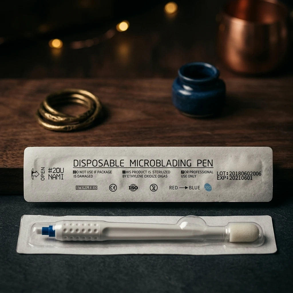 Förseglat microblading engångsskaft #U20 0,16 mm i steril förpackning fotograferat mot mörkt träunderlag.