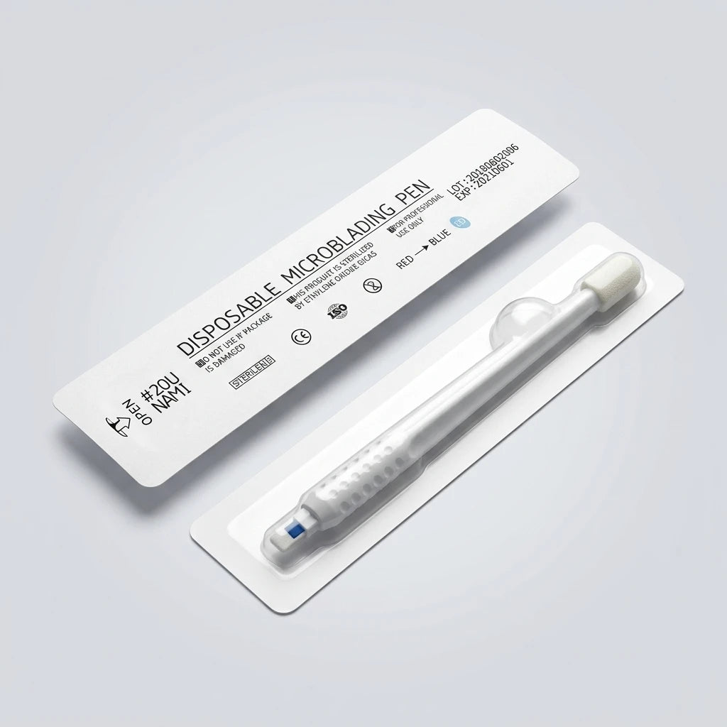 Microblading engångsskaft #U20 0,16 mm i förseglad steril blisterförpackning, vit penna mot ljusgrå bakgrund.