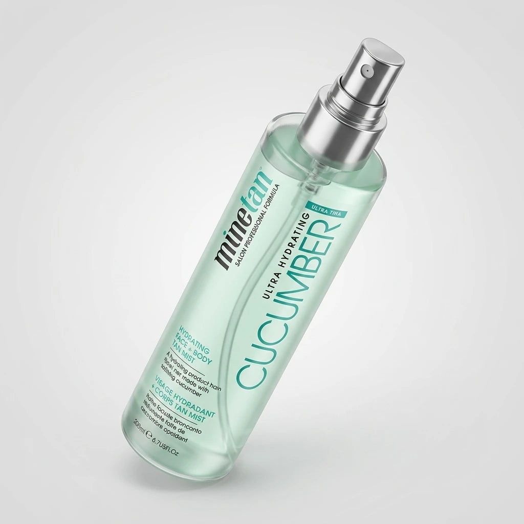 MineTan Cucumber Face & Body Mist 100 ml i genomskinlig sprayflaska med mintgrön vätska, isometrisk vy.