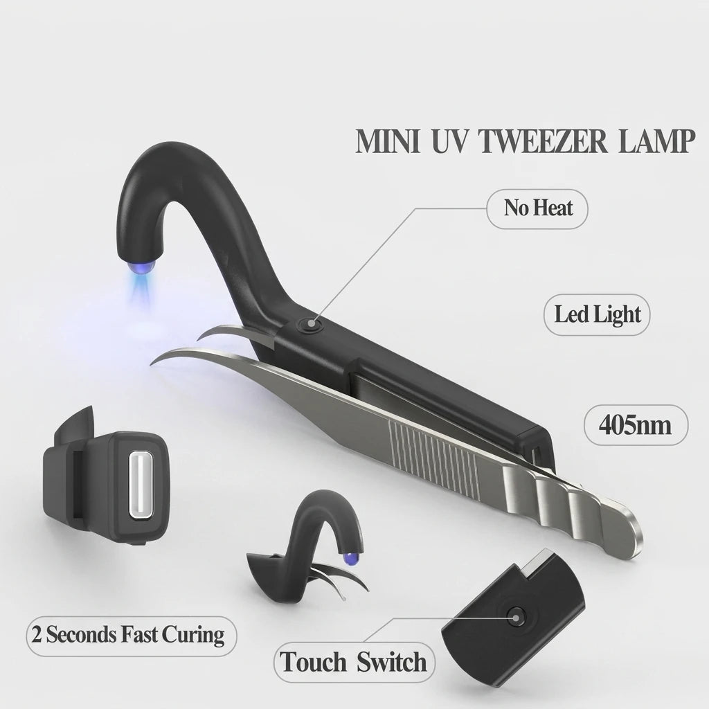 Mini UV-LED-lampa för fransförlängning aktiverad med blått 405 nm UV-ljus på metallpincett.