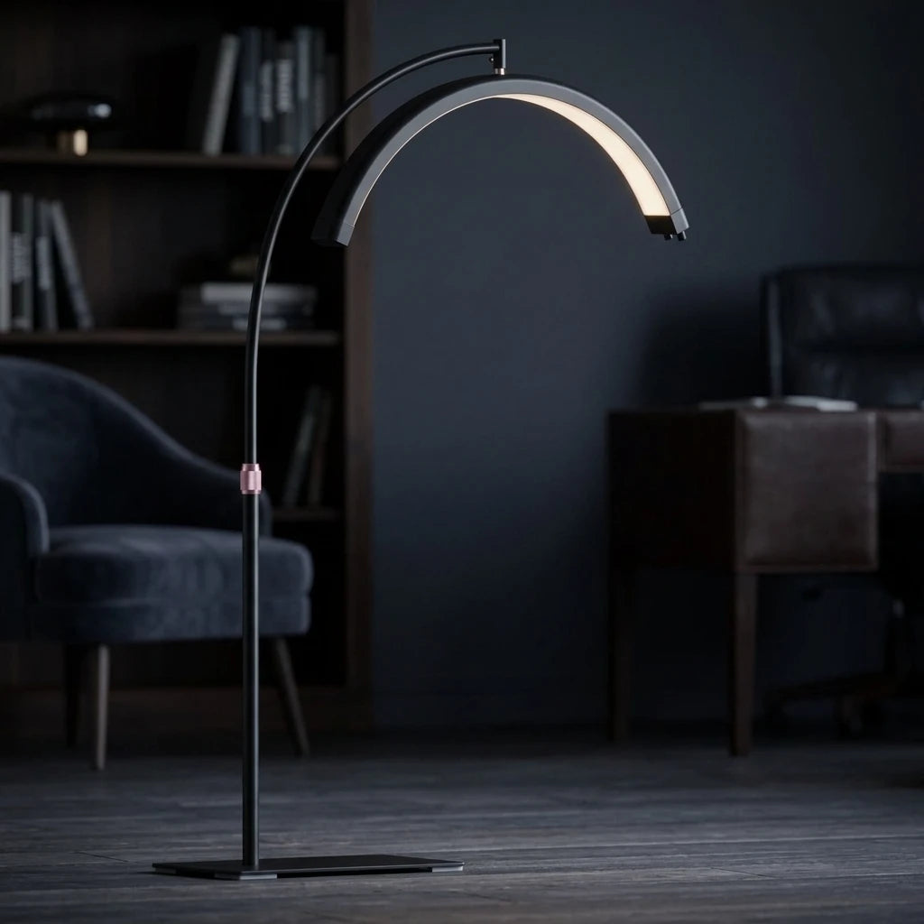 LED Moon Light lampa i svart med varmt gult ljus aktiverat, i professionell salongsmiljö.