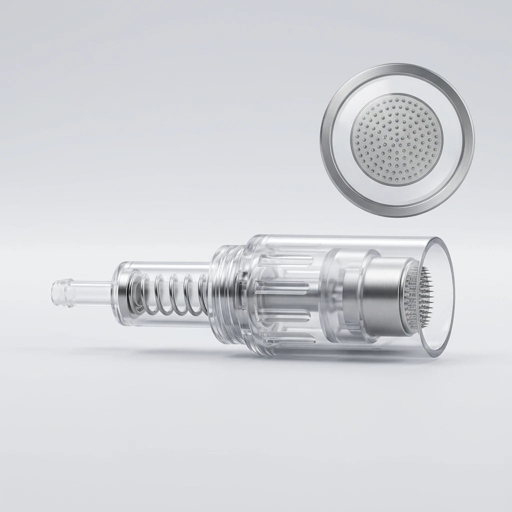 NANO rund microneedling-patron i transparent plast med synlig fjäder och nålhuvud, kompatibel med LED Pen.