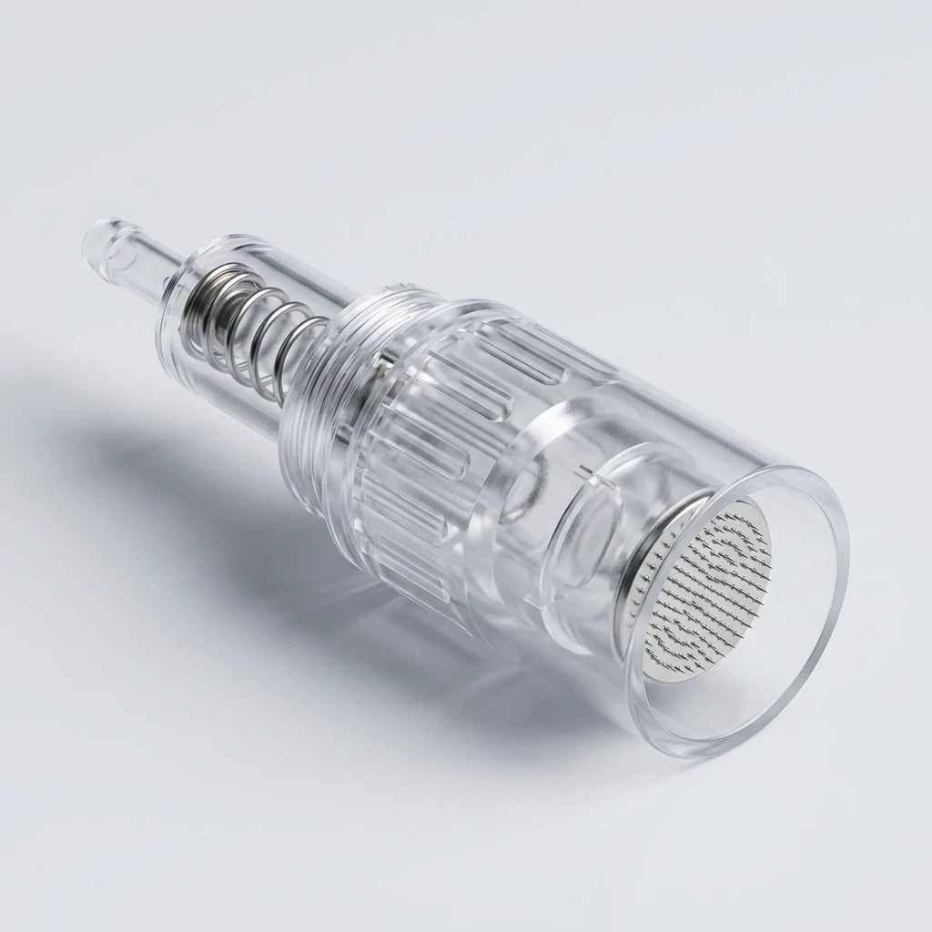 Genomskinlig NANO nålpatron med metallfjäder sedd från sidan – steril engångsnål för LED Pen och BB Glow-behandling.