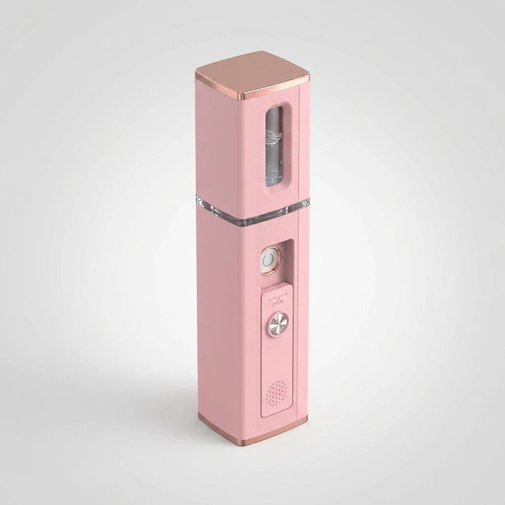 Nano Mister Rosa stående, ljusrosa design med roségulddetaljer – isometrisk vy mot grå bakgrund.