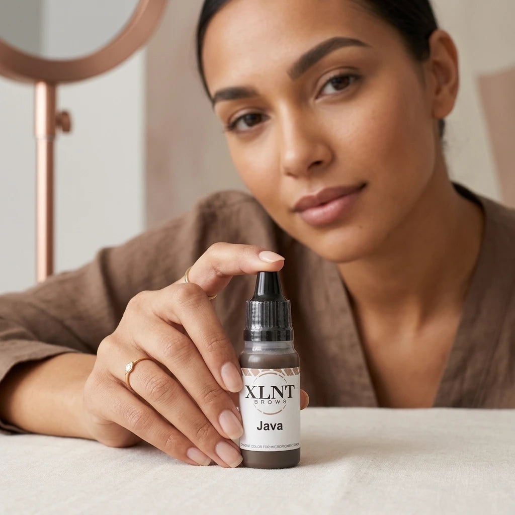Kvinna med välformade ögonbryn håller flaska XLNT BROWS Java PMU-pigment – visar slutresultat av behandling.