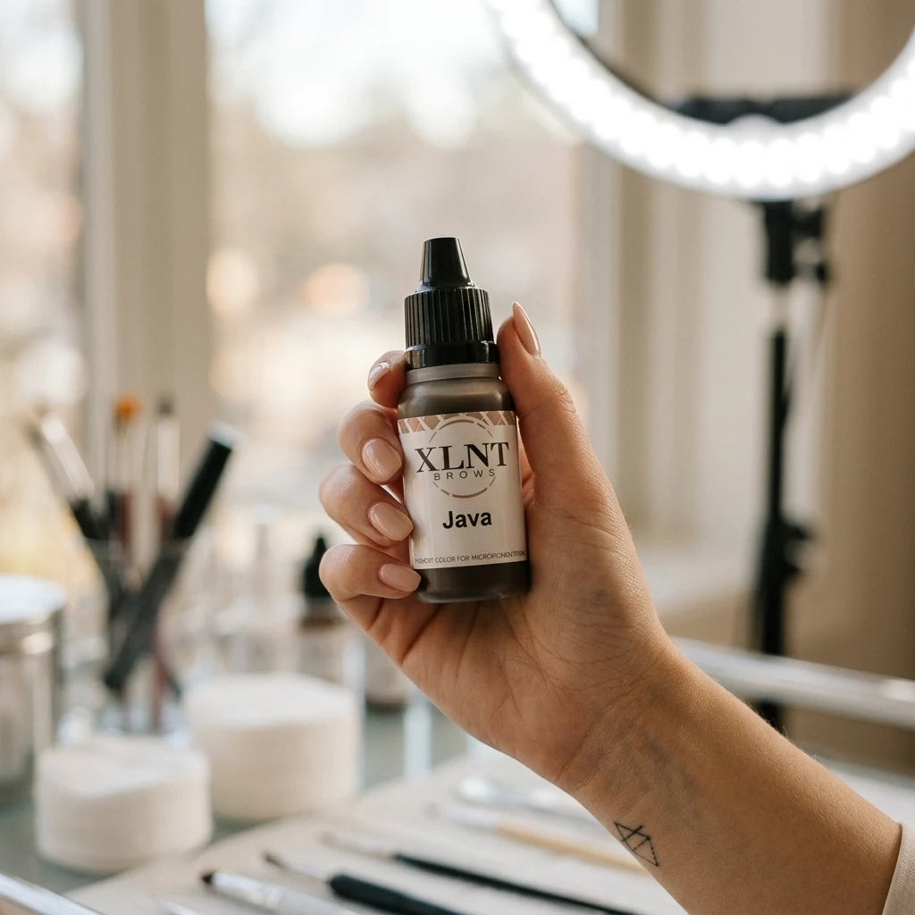 Stylist håller XLNT BROWS PMU Liquid Pigment Java 15ml i en modern salong med ringljus – professionell användning.